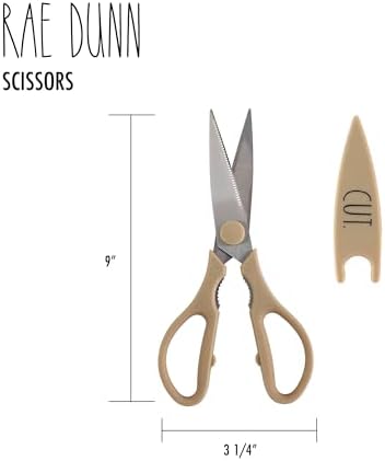 Rae Dunn Kitchen Scissors- Stainless Steel Kitchen Shears, Cooking Scissors for Cutting Meat, Chicken, Herbs and Produce with Blade Cover and Soft Grip Handles (Brown)