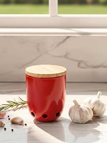 LEETOYI Ceramic Garlic Keeper for Counter, Garlic Holder with Wood Lid (Red)