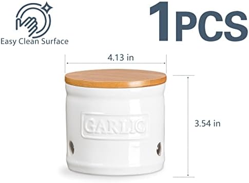 ONEMORE Garlic Keeper with Lid, Ceramic Garlic Saver 4 inch, White
