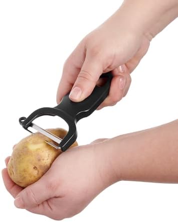 CatCora Swiss-Style Peeler, Professional German Tempered Stainless Steel Blade For Peeling Fruits and Vegetables and Garnishing, Ergonomic Contoured Handle, Black, Set of 2