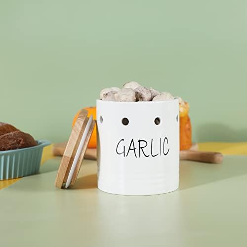 Ceramic Garlic Keeper with Wood Lid, Garlic Container for Counter Easy to Clean,Garlic Saver to Keep Your Garlic Cloves Fresh Longer,Farmhouse Garlic Holder Storage Container, 4.5 inch (White)