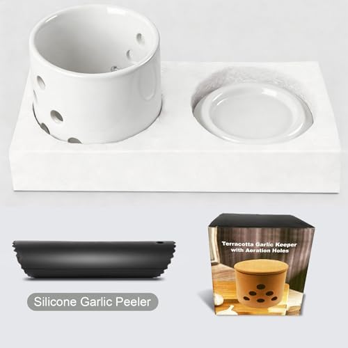 LEEPENK Garlic Keeper,Vented Clay Garlic Storage Container Saver with Lid and 12 Air Vent,Reserve for Garlic, Onion, Lemon, Patato or Ginger (White Glazed)