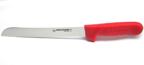 Dexter-Russell S162-8SCR-PCP Sani-Safe (13313R) Bread Knife, 8", Scalloped Edge, Stain-Free, high-Carbon Steel, Textured, Polypropylene red Handle, Perfect Cutlery Packaging, NSF Certified