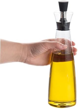 Restaurantware-Forma Professional 3 x 3 x 10.5 Inch Glass Oil Drizzler, 1 Borosilicate Olive Oil Dispenser - 17-Ounce Capacity, Stainless Steel Spout, Glass Bottle Dispenser, Silicone Cap, For Oils