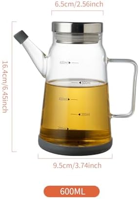 Glass Oil and Vinegar Dispenser with Stainless Steel Lid, No Drip Kitchen 20Oz Liquid Container, Large Cruet (Clear, 600ml)