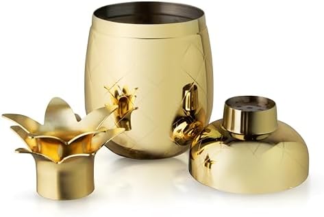Viski Pacific Pineapple Cocktail Shaker – Tropical Themed Cocktail Shaker for Tiki Drinks – Stainless Steel with Gold Finish, 3-Piece Shaker with Built-In Strainer and Pineapple Leaf Cap - Set of 1