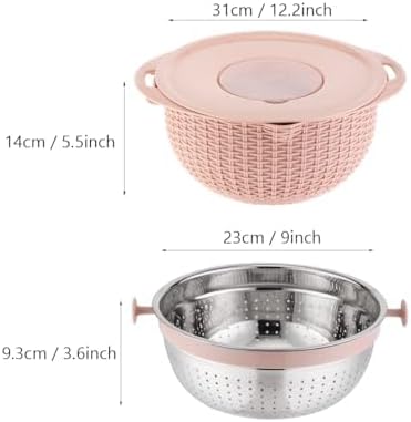 Colander with Mixing Bowl Set,Stainless Steel Colander, Food Strainers Colanders, Pasta Strainer, Rice Strainer, Fruit Cleaner, Veggie Wash, Salad Spinner, Strainers for Kitchen, Apartment(Pink)
