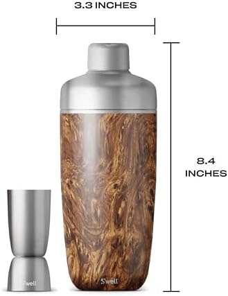 S'well Stainless Steel Shaker Set with Jigger, 18oz, Teakwood, Triple Layered Vacuum Insulated Container Keeps Cocktails Colder for Longer, BPA Free Barware