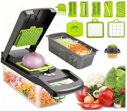 14-in-1 Vegetable Chopper with Container – Onion Chopper, Dicer, Slicer & Grater, Food Chopper with Stainless Steel Blades, BPA-Free, Easy Clean, Green