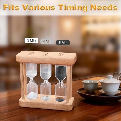 Wooden Tea Timer 3-4-5 Minute, Natural Wooden Frame Hourglass Timer, Colorful Sand Clock, Small Trio Sand Timer for Tea & Home Decor, Reloj De Arena, Mini Tea Sand Watch