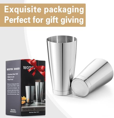 WOTOR Boston Cocktail Shaker Set, 18 oz & 28 oz Stainless Steel Weighted Shaker Tins, Metal Martini Shaker Drink Mixer for Bartending, professional Bar Tools for Bartender (Sliver) (Pack of 2)