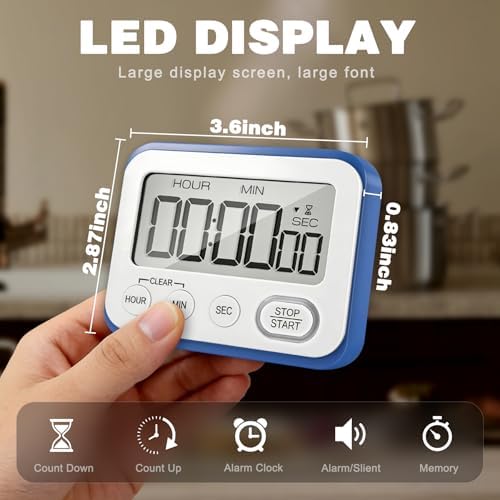 Digital Kitchen Timer Magnetic Loud Alarm, Large LCD Screen Silent/Beeping Multi-Function for Teachers Classroom Kids, Blue