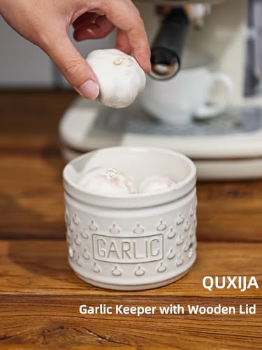 Ceramic Garlic Keeper with Lid, Garlic Holder 4.3-Inch (Vintage Whtie)