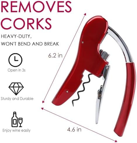KAYCROWN Stainless Steel Wine Bottle Opener, Compact Vertical Lever Corkscrew with Foil Cutter and Extra Spiral, Manual Handheld Corkscrew with Ergonomic Lever Pump (Red)