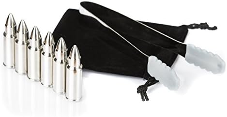 Bullet Whiskey Chillers Stones - Whiskey Rocks by The Wine Savant Set of 6 - Stainless Steel Bullet Shaped Ice Cubes, Gift Box Come, Tongs and Storage Bag, Scotch Rocks (Silver) (Pack of 2)