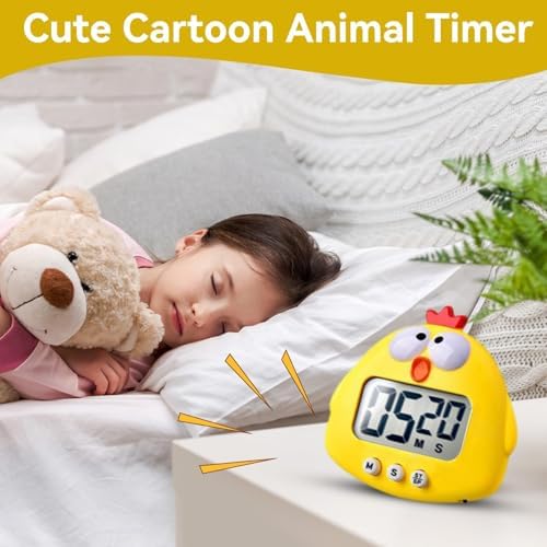 Cute Cartoon Animal Digital Timers, Countdown Timer Kid Timers LCD Display Magnetic Kitchen Timer with ON/Off Switches for Kitchen Cooking Bake Accessories(Yellow)