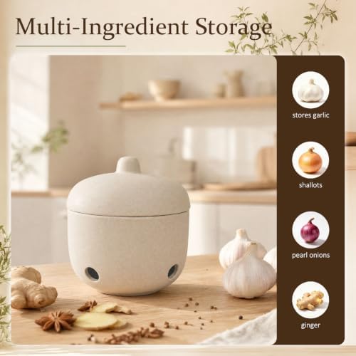 Garlic Keeper for Counter with Lid,4" Coarse Ceramic Garlic Holder