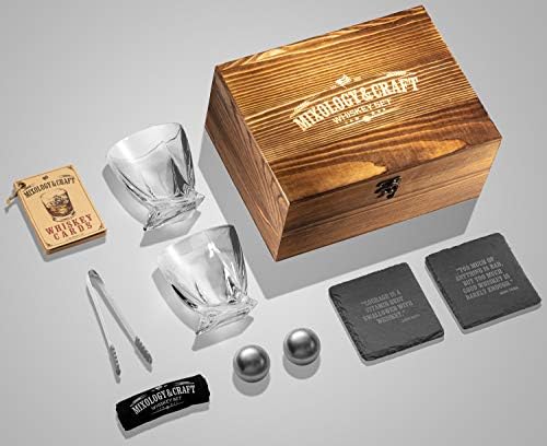 Mixology Glass & Whiskey Stones Set – Two 10oz Glasses w/ 2 Stainless Steel Balls Wooden Box - Bourbon Gifts for Men, Dad, Husband, Boyfriend, Groomsmen, Birthday Ideas