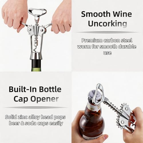 Premium Zinc Alloy Wing Corkscrew Set, Multifunctional Bar Tool with High-Carbon Steel Auger, Labor-Saving Lever Opener with Wine Pourer & Fresh-Keeping Bottle Stopper (Shiny Silver - 2set)