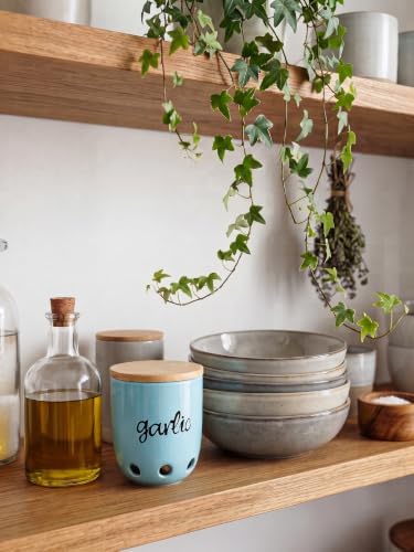 Ceramic Garlic Keeper for Counter with Wood Lid (Turquoise)