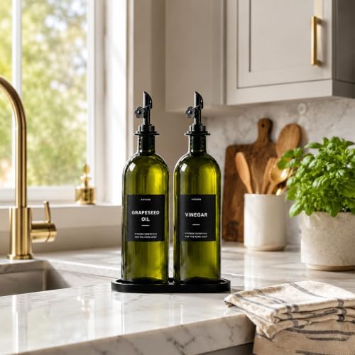 Olive Oil Dispenser for Kitchen, 2-Pack 16oz Glass Bottle with Black Labels