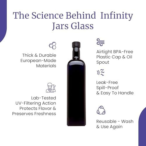 Infinity Jars 1 Liter (34 fl oz) Square Ultraviolet Glass Refillable Oil Bottle with Plastic Pour Spout (3-Pack)