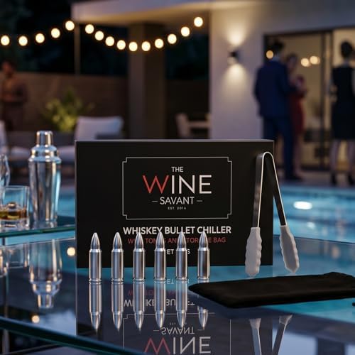 Bullet Whiskey Chillers Stones - Whiskey Rocks by The Wine Savant Set of 6 - Stainless Steel Bullet Shaped Ice Cubes, Gift Box Come, Tongs and Storage Bag, Whiskey or Scotch Rocks (Silver)