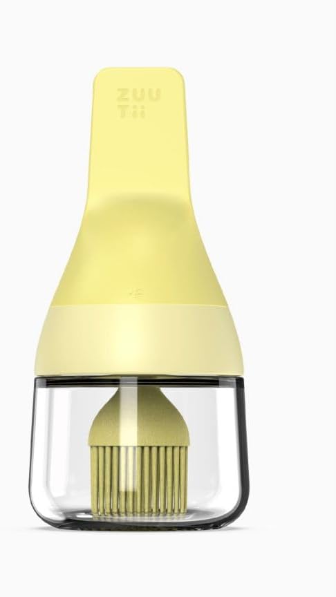 Zuutii Oil Dispenser with Silicone Brush for Cooking,Glass Oil Bottle with Heat Resistant Basting Brushes for Baking, Food Brush for Grilling, Butter, BBQ Sauce,Dishwasher Safe,4.4oz,Yellow