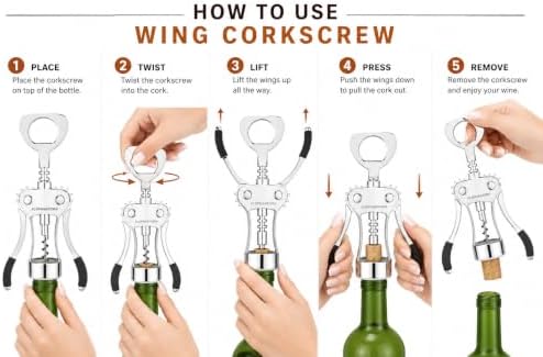 Wine Opener, Zinc Alloy Premium Wing Corkscrew with Multifunctional Bottles Opener, Sharp Wine Corkscrew with Ergonomic Non-Slip Wing Handle, Silver