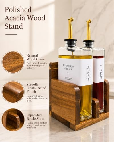 Glass Oil and Vinegar Dispenser Set with Acacia Wood Stand, 2 Pack 12 oz