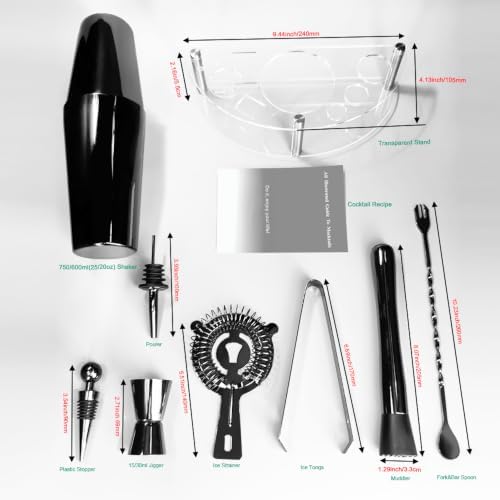 9-Piece Cocktail Shaker with Stand, 25oz Bartender Kit, Cocktail Shaker with Strainer Set, Boston Shaker Set, Bar Set Jigger for Bartending Drink Mixer Set, Cocktail Set Recipes (Black-25/20oz)