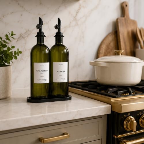 Olive Oil Dispenser for Kitchen, 2-Pack 16oz Glass Bottle with White Labels