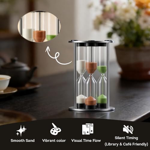 Lily's Home 3.5" Tall 3-in-1 Perfect Tea Timer, Includes 3, 4, and 5 Minute Sand Hourglass Timers, Use for Making Tea or Keeping Time Around The Kitchen, Brushed Stainless Steel Frame, Cylindrical