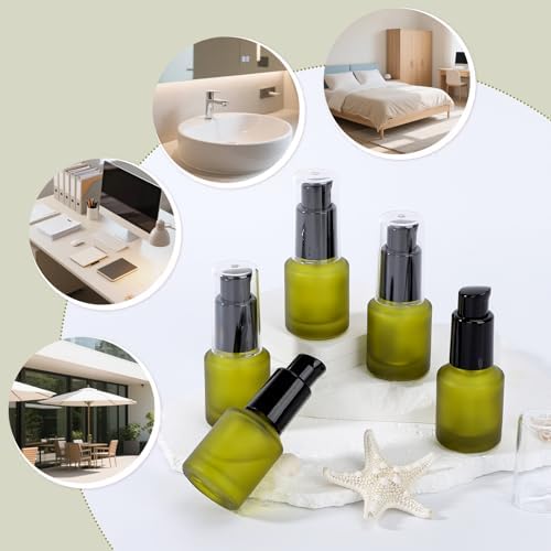 Segbeauty 0.5oz Frosted Glass Travel Size Containers for Lotions, 5pcs Mini Empty Lotion Bottles Pump Dispenser Refillable, 15ml Green Travel Containers for Creams, Small Hair Oil Pump Bottle Liquids