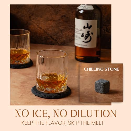 Mixology & Craft Whiskey Gift Set - Includes 2 Lead-Free Crystal Glasses, 8 Granite Chilling Stones, 2 Slate Coasters, Metal Tongs & Recipe Cards with a Wooden Army Crate Box
