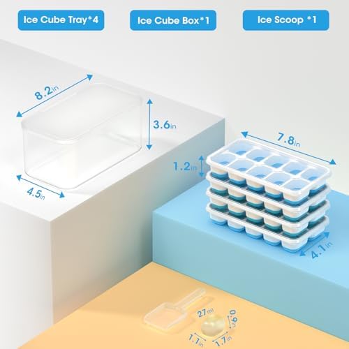 DOQAUS Ice Cube Tray with Lid and Bin,4 Pack Ice Cube Trays for Freezer