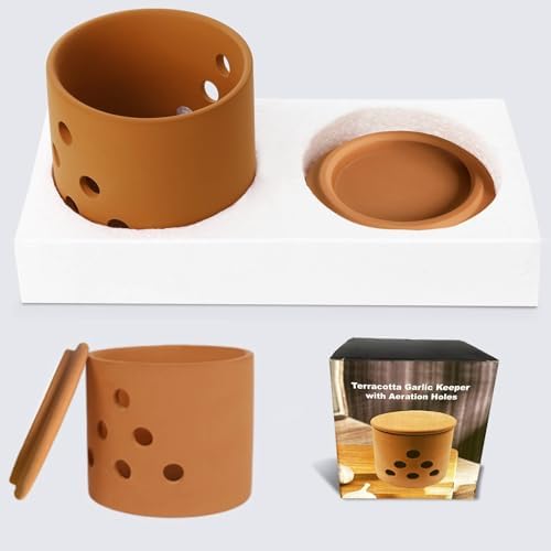 LEEPENK Terracotta Garlic Keeper,Vented Clay Garlic Storage Container Saver with Lid and 12 Air Vent,Reserve for Garlic, Onion, Lemon, Patato or Ginger