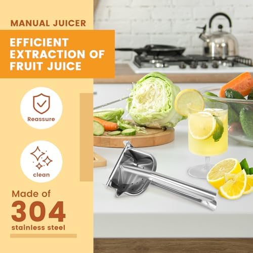Orange Juice Squeezer Stainless Steel Manual Juicer Press, Citrus Press Juice Squeezer Handheld Lemon Press with 100 Strainer Bags and Food Clip Hand Press Citrus Juicer