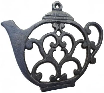 Teapot Cast Iron Trivet for Hot Pots & Kitchen & Dining Table, Gift for Home, Metal Wall Art & Home Decor, 2 or More for Set, Black, 8 by 6.1 Inches