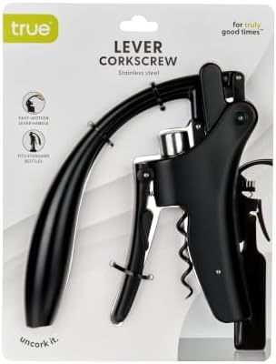 True Vertical Corkscrew Wine Opener with Easy Motion Lever Handle, Durable Stainless Steel and Plastic, Perfect for Home Bar, Kitchen, Outdoor Party, Housewarming Gifts, Set of 1, Black
