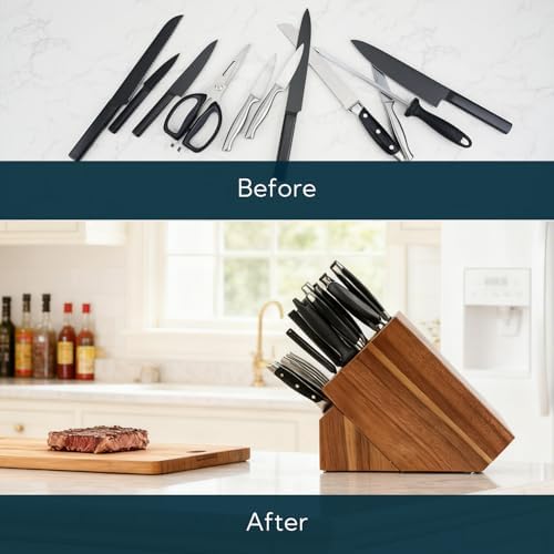 KITCHENDAO 25 Slot Acacia Wood Knife Block without Knives, Large Universal Knife Holder for Kitchen, Holding Multiple Types of Knives, Countertop Butcher Block Knife Stand for Easy Kitchen Storage