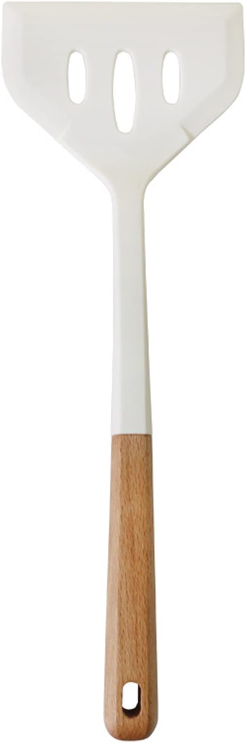 1pcs White Silicone Slotted Turner with Wooden Handle, Heat Resistant Cooking Utensils, Ideal Kitchen Cookware for Fring Fish, Eggs, Meat, French Fries