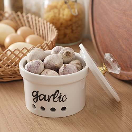 Garlic Keeper with Crystal Lid, 12.5 oz Ceramic Garlic Saver Container for Countertop, Farmhouse Kitchen Decor (Gold)