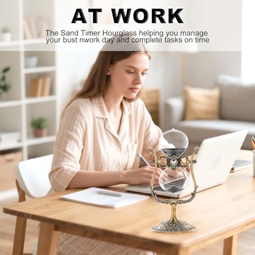 Vintage Engraving 60 Minute Hourglass, Rotating Sand Timer Clock, Unique Metal Sand Watch 60 Min, Antique Brass 1 Hour Glass Sandglass for Home, Desk, Office(Black)