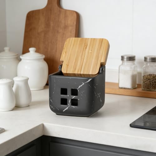 RQYIXI Ceramic Garlic Keeper with Bamboo Lid, Ventilated,Marble Black