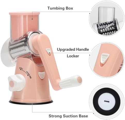 Cambom Rotary Cheese Grater Hand Crank Cheese Shredder for Fresh Cheese, Vegetable, Nuts,Non-slip Suction Base,Three Blades,Pink