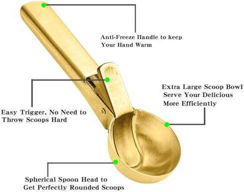 Ice Cream Scoop,Portable Stainless Steel Ice Cream Scoop with Trigger and Comfortable Handle,Icecream Scoop Spoon Perfect for DIY Ice Cream,Fruit,Cookie (golden)