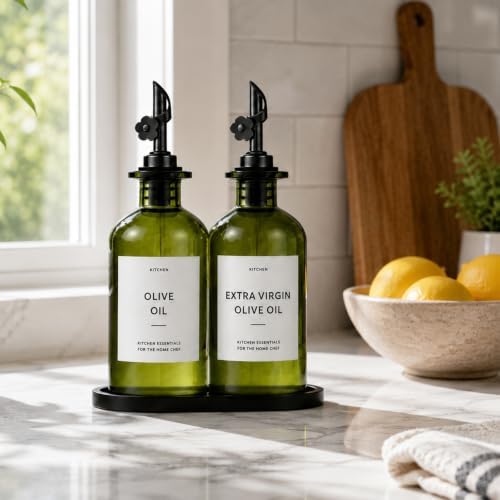 Olive Oil Dispenser for Kitchen, 2-Pack 12oz Glass Bottle with White Labels