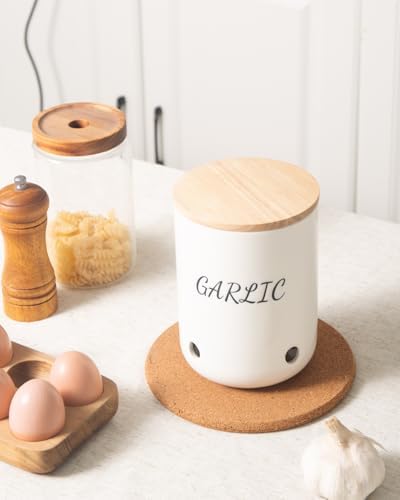 Ceramic Garlic Keeper, Garlic Storage Container, Garlic Jar, Black Text
