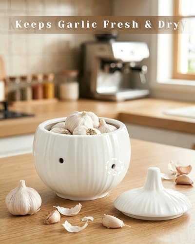 Ceramic Garlic Keeper, White Garlic Storage Jar with Vent Holes, Keeps Garlic Fresh Longer, Kitchen Counter Organizer